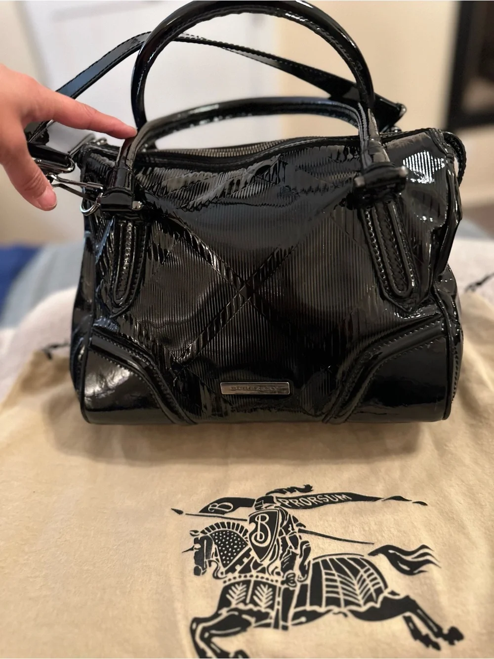Vintage Burberry Embossed Black Patent Bowling Bag